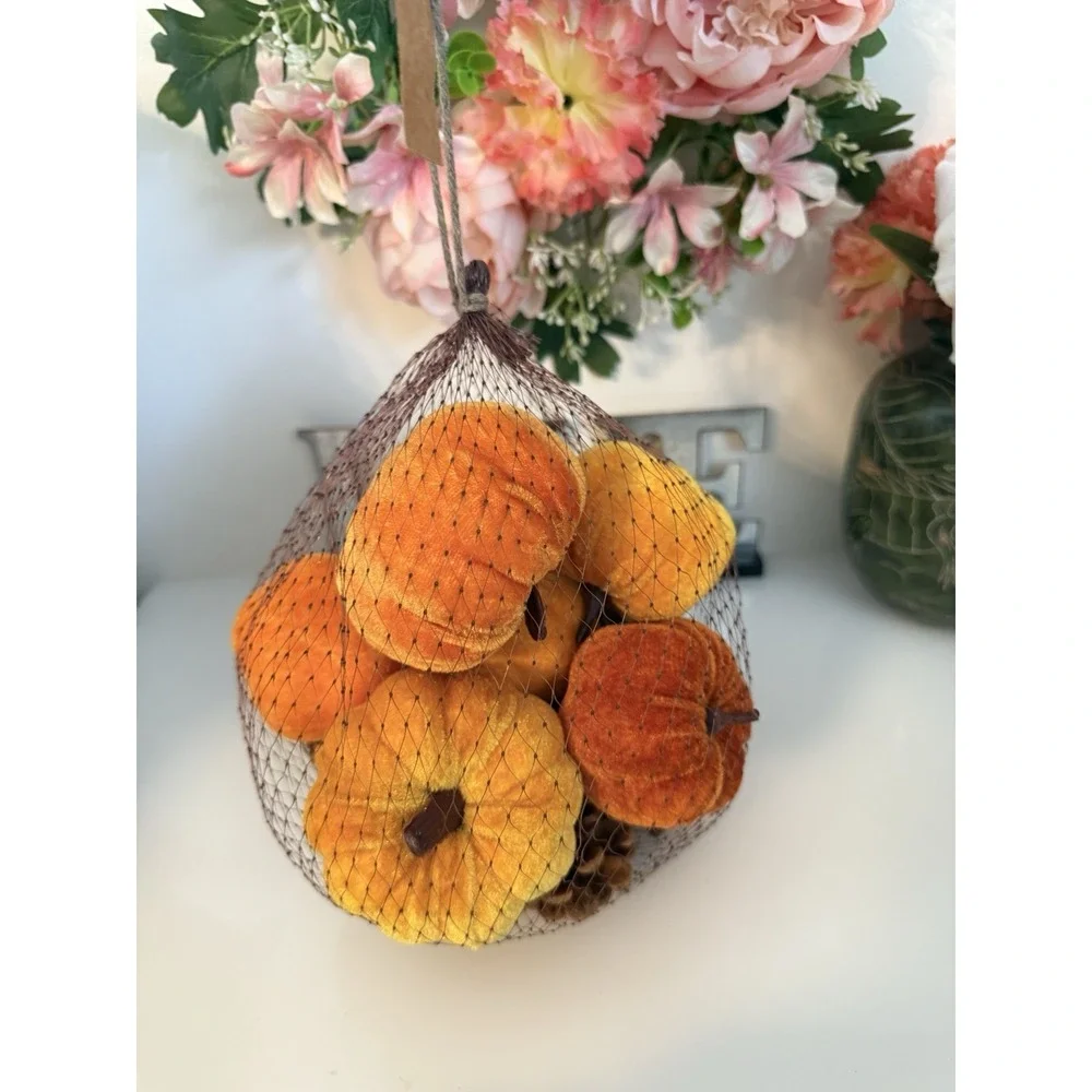 Fall 16 Pcs Velvet Pumpkin and Pinecones Net Bag Decoration Set Assort Sizes New